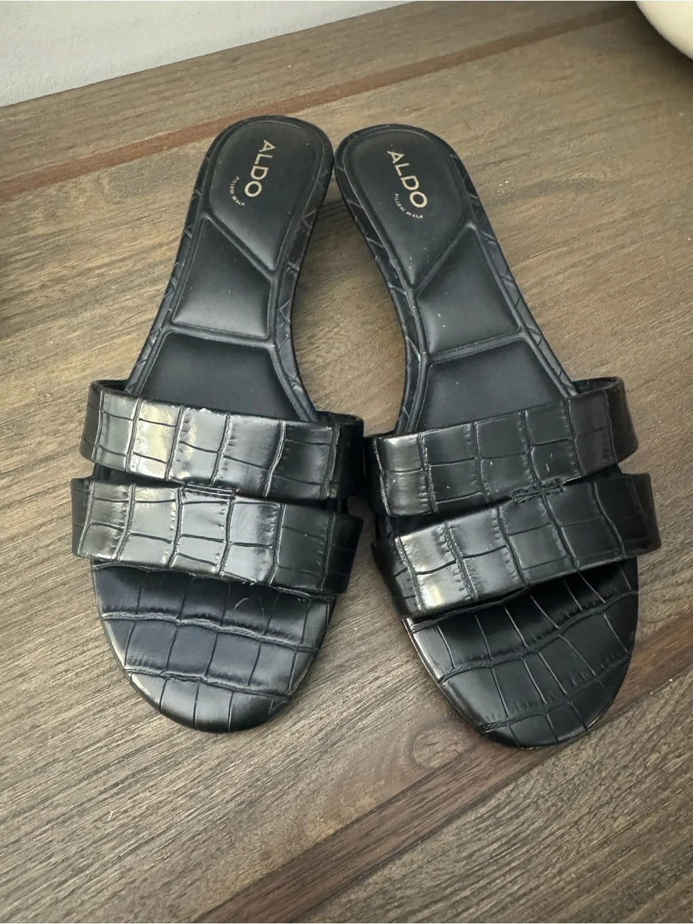 ALDO Black Croc-Embossed Double Band Slide Sandals